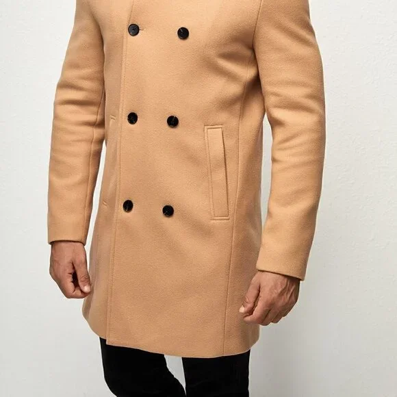 Khaki Preppy Mens Double Breasted Slant Pocket Overcoat - Picture 3 of 5